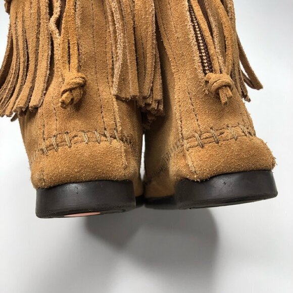 NEW Minnetonka Camel Brown Suede Fringed Braided High Top Zipper Moccasin Bootie - Picture 3 of 14